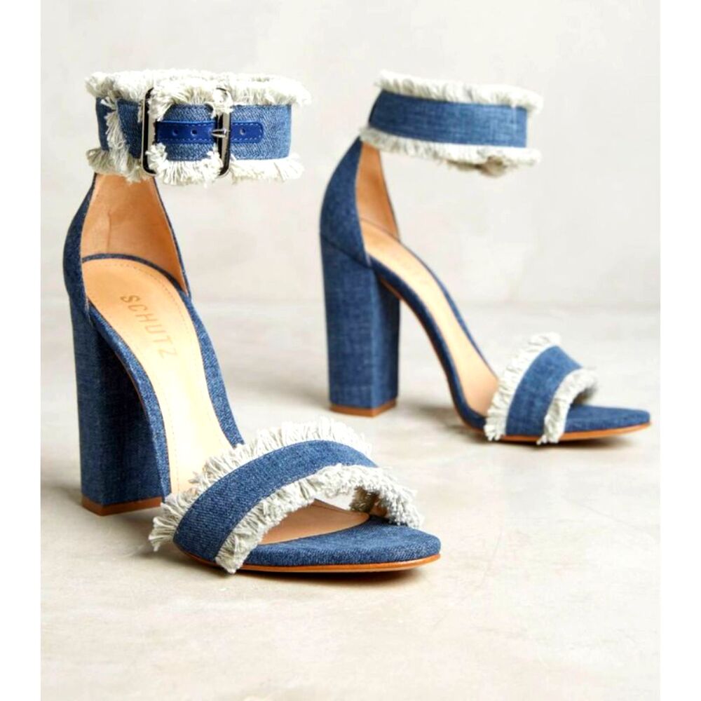 SCHUTZ Janessa Blue Frayed Denim Block Heel Sandals